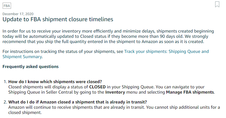 亞馬遜FBA發貨政策更新！超時自動關閉貨件！